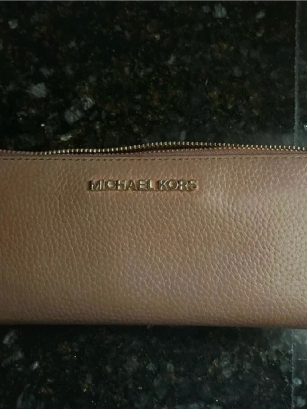 Michael Kors Brown Pebbled Leather Zip Wallet with Gold Logo